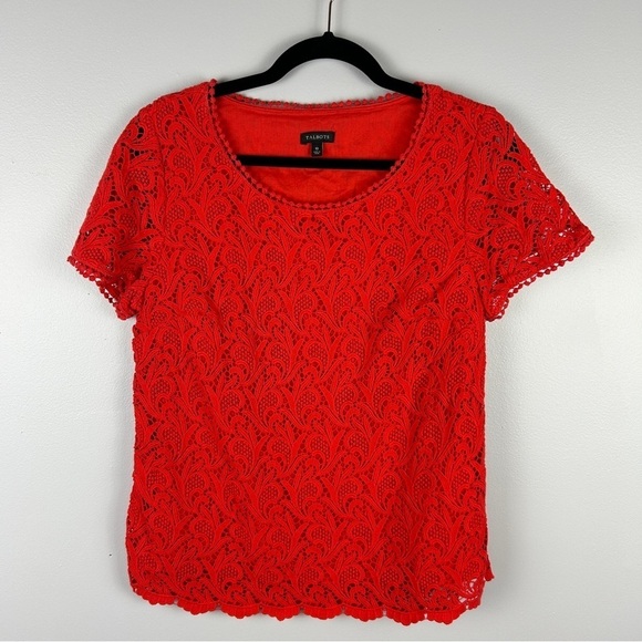 Talbots Lace Crochet Pom Cotton Short Sleeve Top Size 10 Vermilion - Picture 2 of 14
